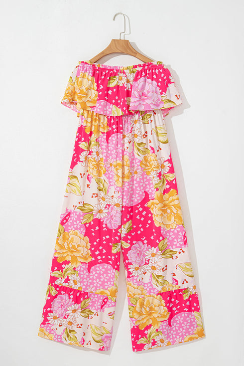 Multicolour Floral Print Ruffled High Waist Tube Top Loose Jumpsuit